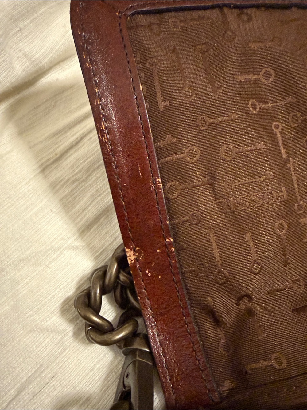 Fossil Brown Leather Shoulder Bag with Purple & Yellow Floral Panels - Picture 4 of 6